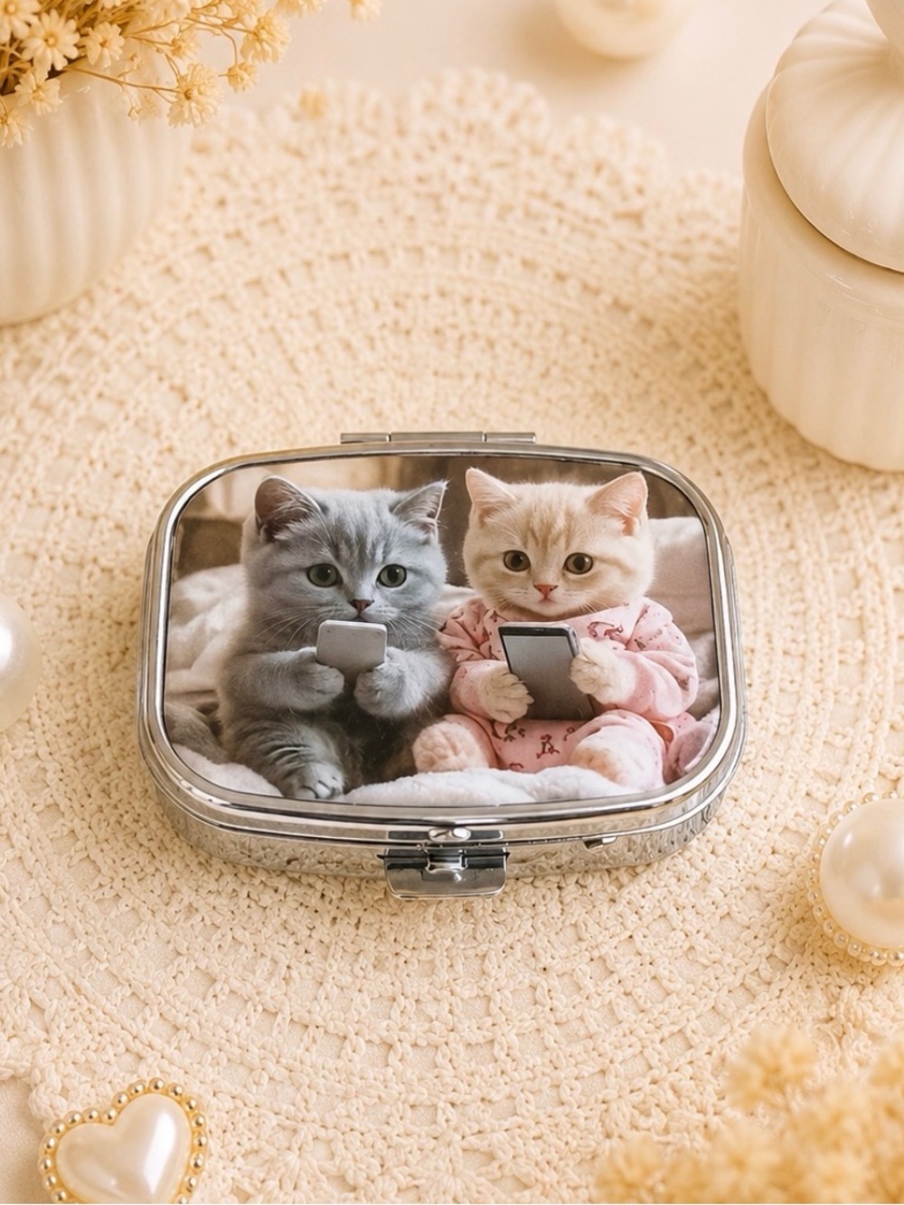 2 Phone Scrolling Kittens Compact Mirror Pill Box/Travel Jewelry Box For Purse